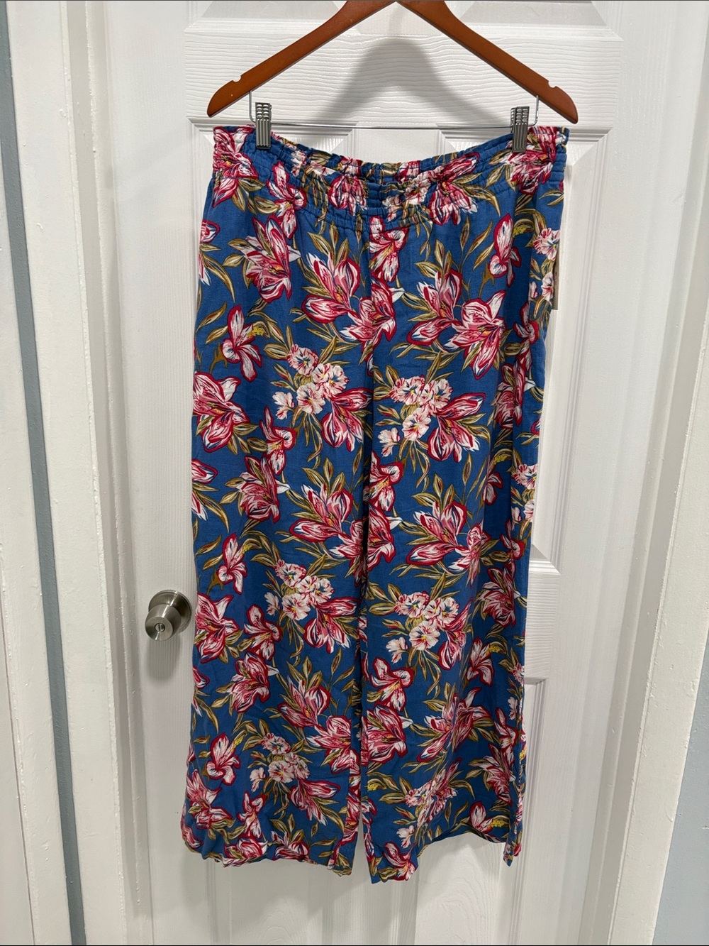 a new day Blue Wide-Leg Floral Linen Pants with Pink Flowers XXL Short